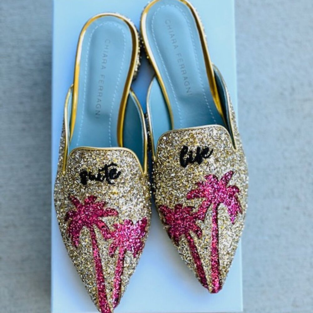 chiara ferragni palm tree glitter sabot flats 37 NEW